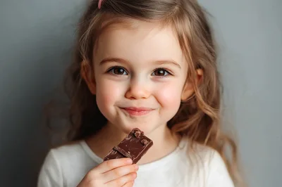 Little Girl Eating A Piece Of Dark Chocolate