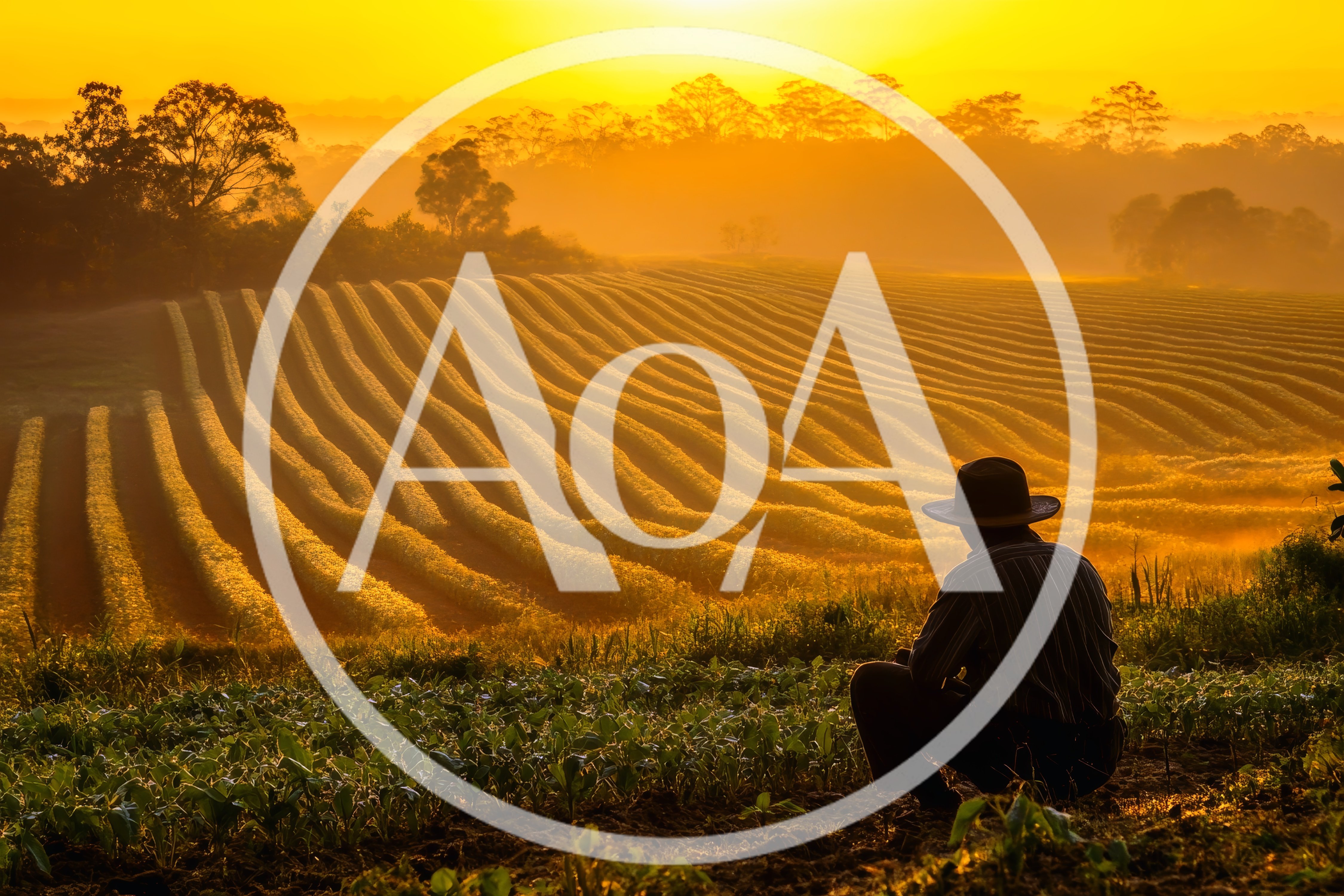 Farmer Sitting Overlooking A Golden Sunrise Tea Plantation
