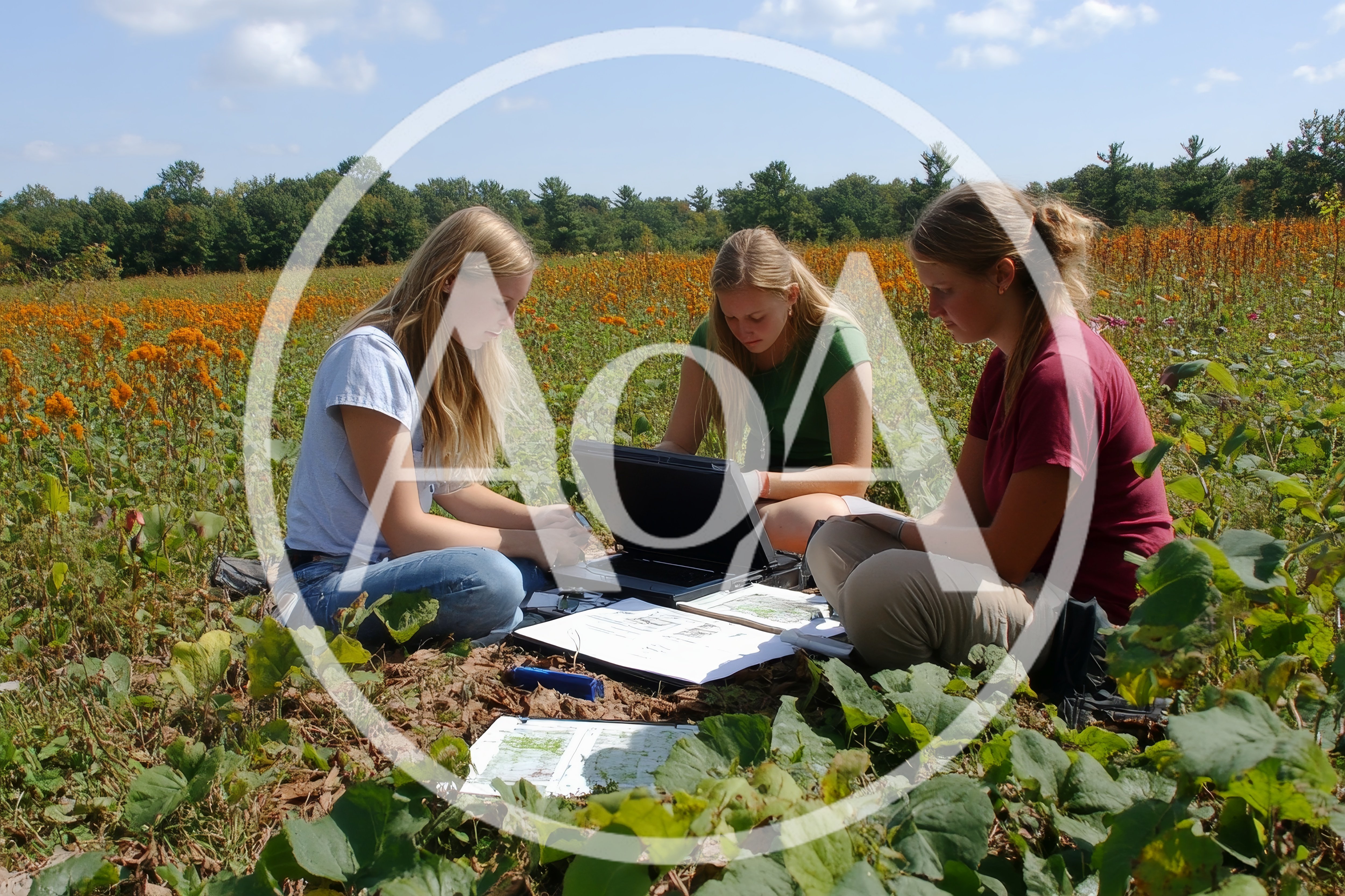Three Young Women Conducting Field Research In A Meadow
