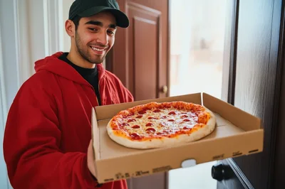 Pizza Delivery Man Holding Box At Doorway