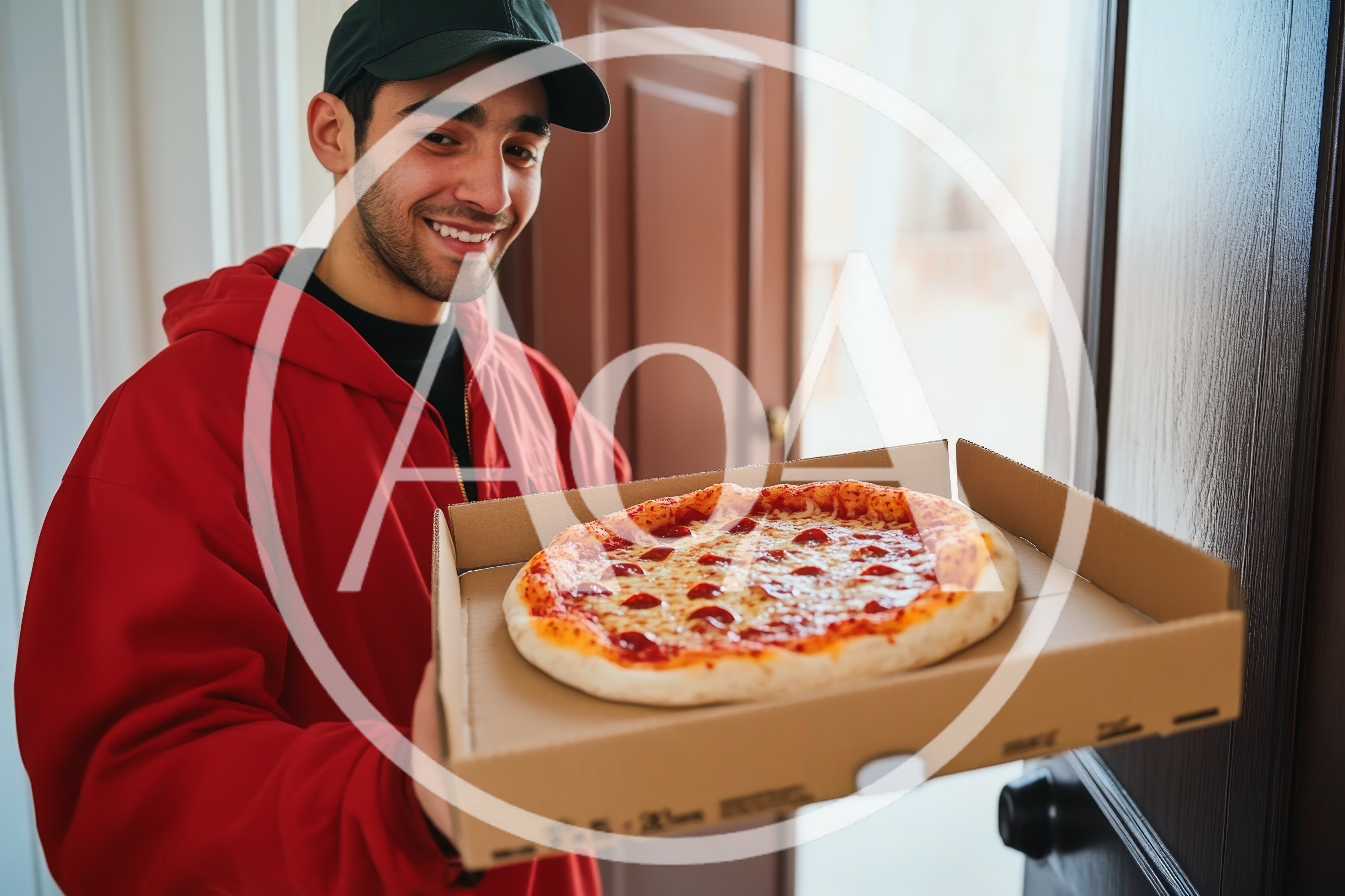 Pizza Delivery Man Holding Box At Doorway