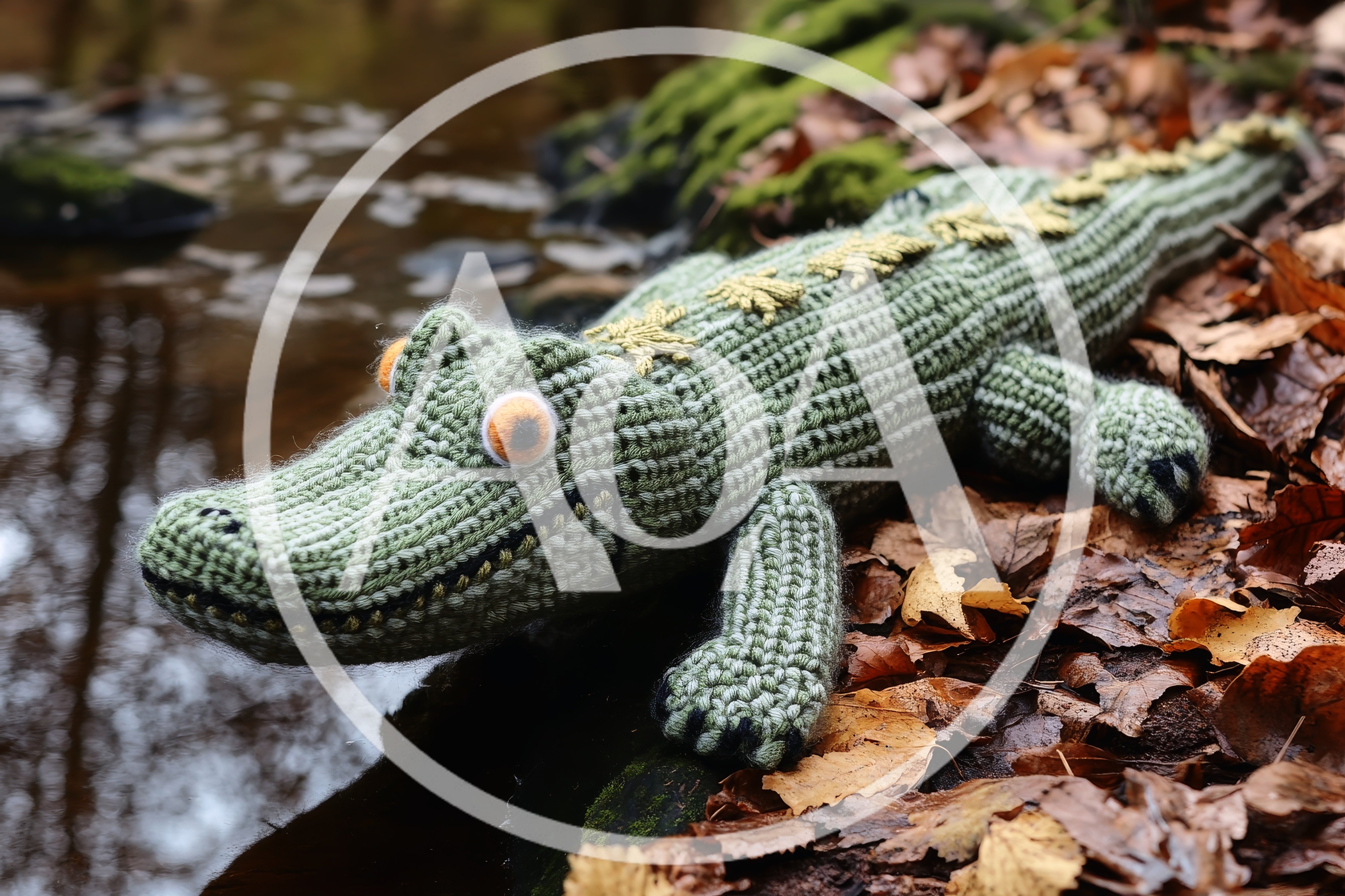 Crocheted Toy Alligator Resting Near A Forest Stream