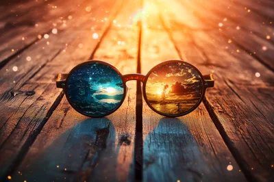 Round Sunglasses Reflecting Day and Night Landscapes