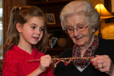 Grandmother Teaching Young Granddaughter To Knit