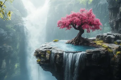 Cherry Blossom Tree On A Cliffside Waterfall