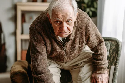Elderly Man Sitting In An Armchair Looking Concerned