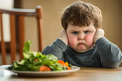 Grumpy Young Boy Refusing To Eat His Salad