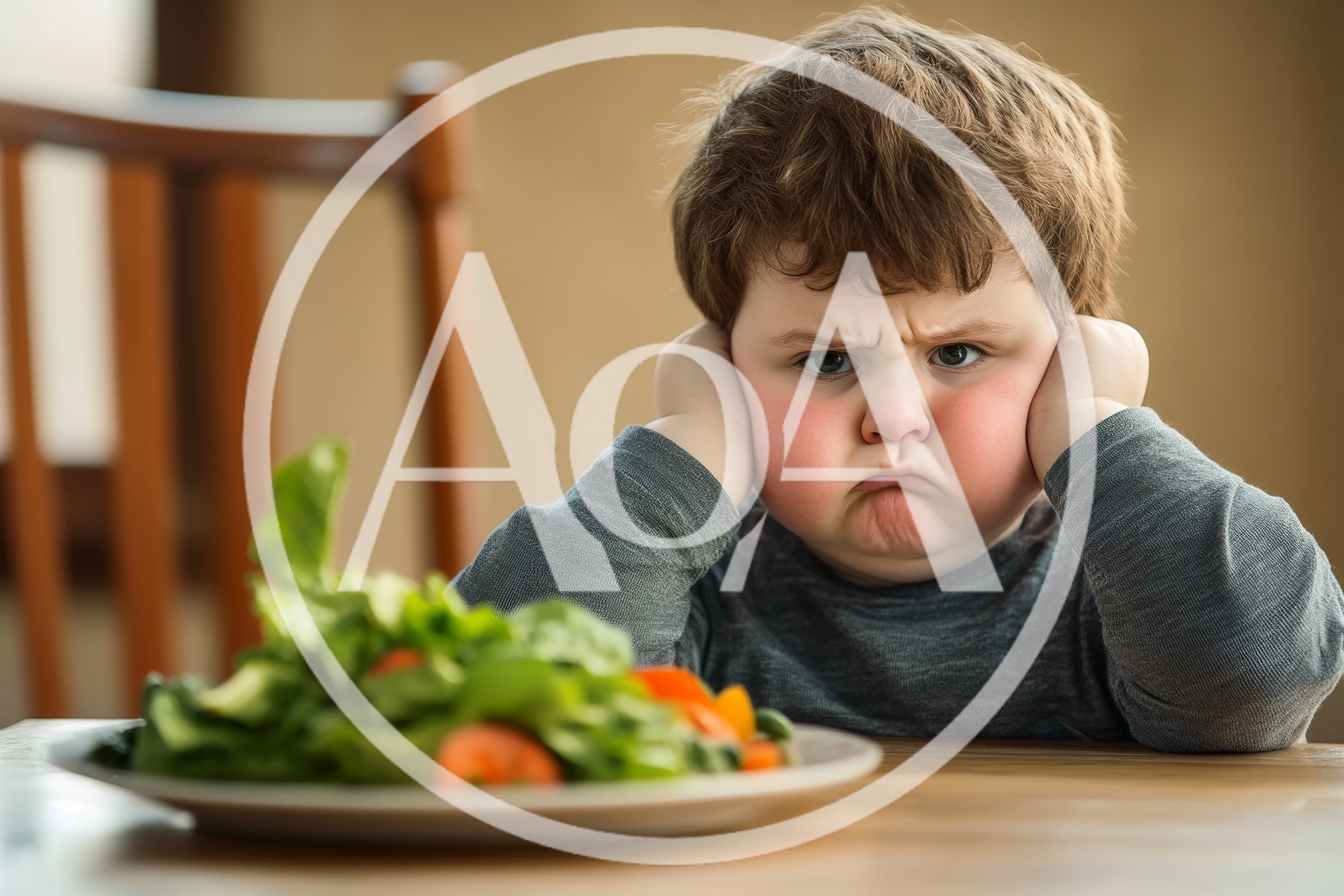 Grumpy Young Boy Refusing To Eat His Salad