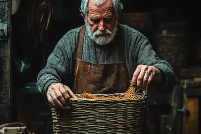 Elderly Craftsman Working With Straw In A Rustic Workshop