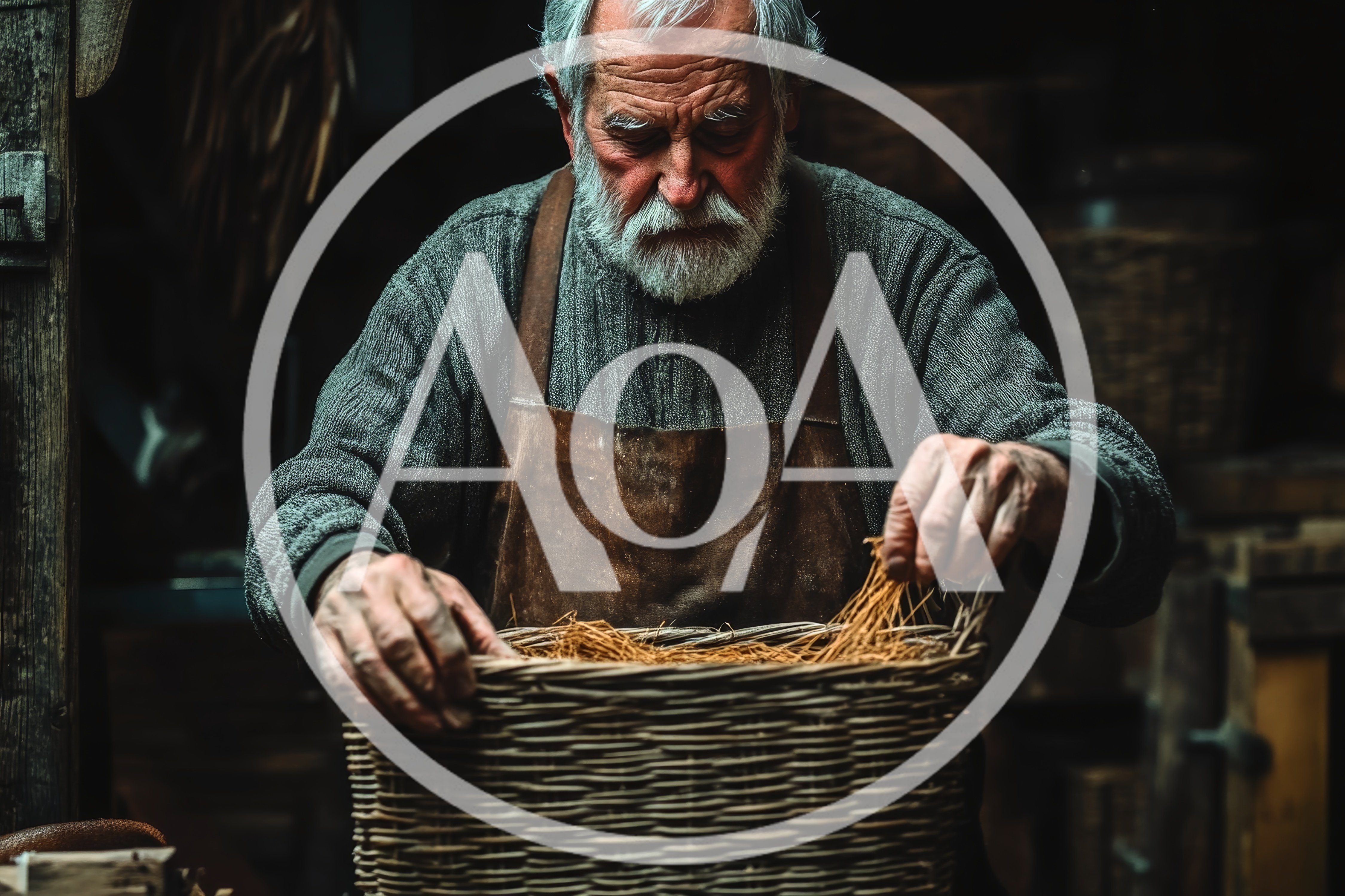 Elderly Craftsman Working With Straw In A Rustic Workshop