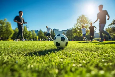 Group of Friends Playing Soccer in a Sunny Park