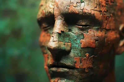 Abstract Human Head Sculpture Made Of Puzzle Pieces