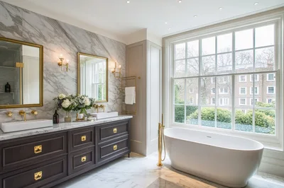 Luxury Bathroom Interior With Marble Vanity And Bathtub