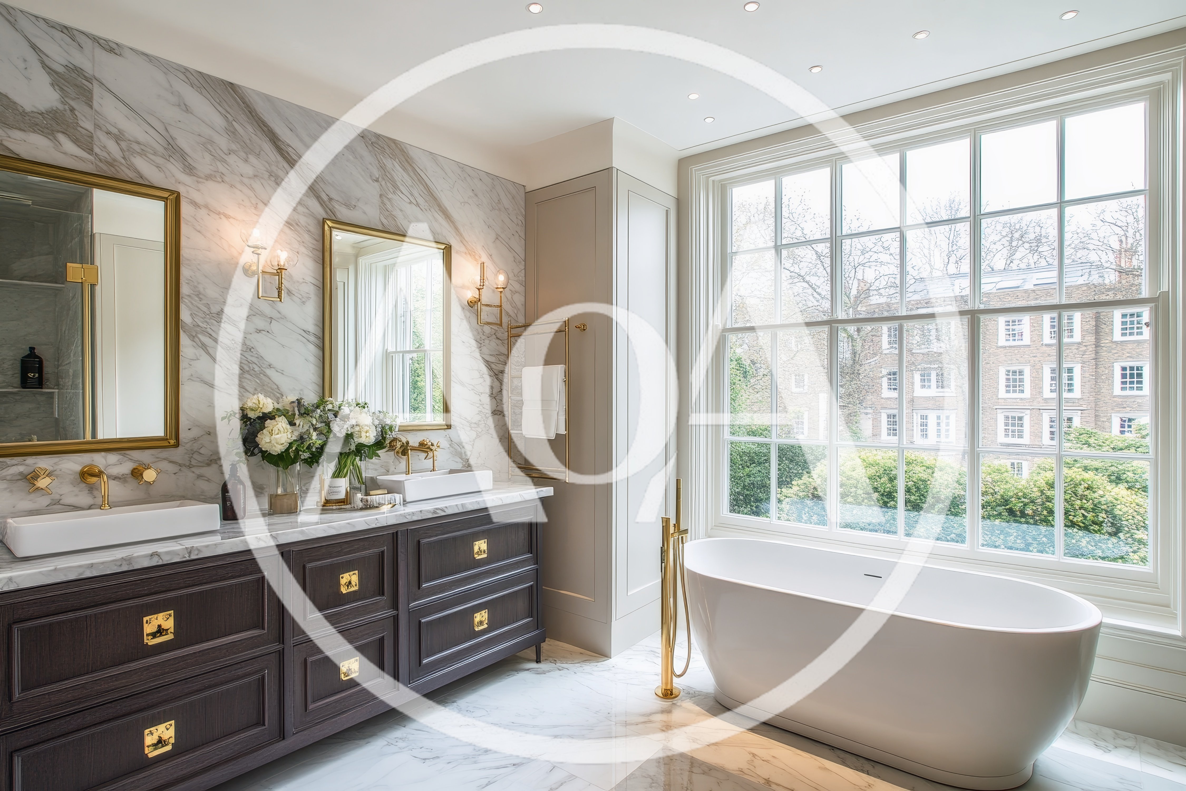 Luxury Bathroom Interior With Marble Vanity And Bathtub