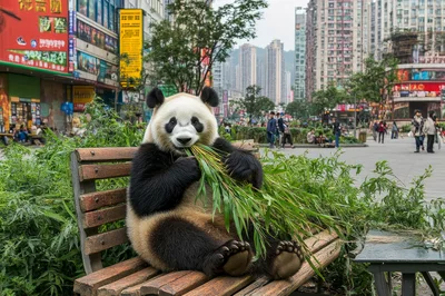 Giant Panda Eating Bamboo On A City Bench