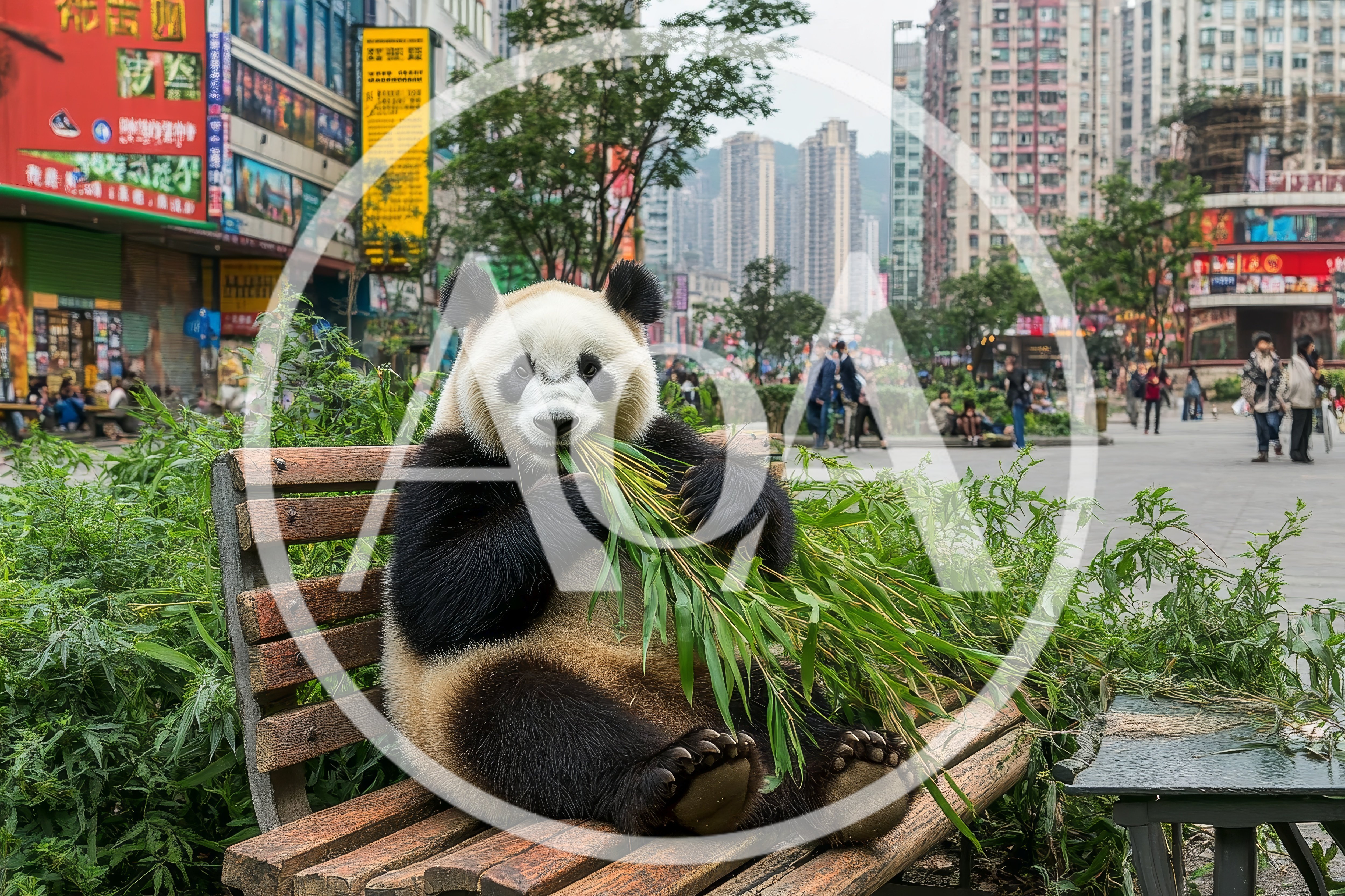 Giant Panda Eating Bamboo On A City Bench