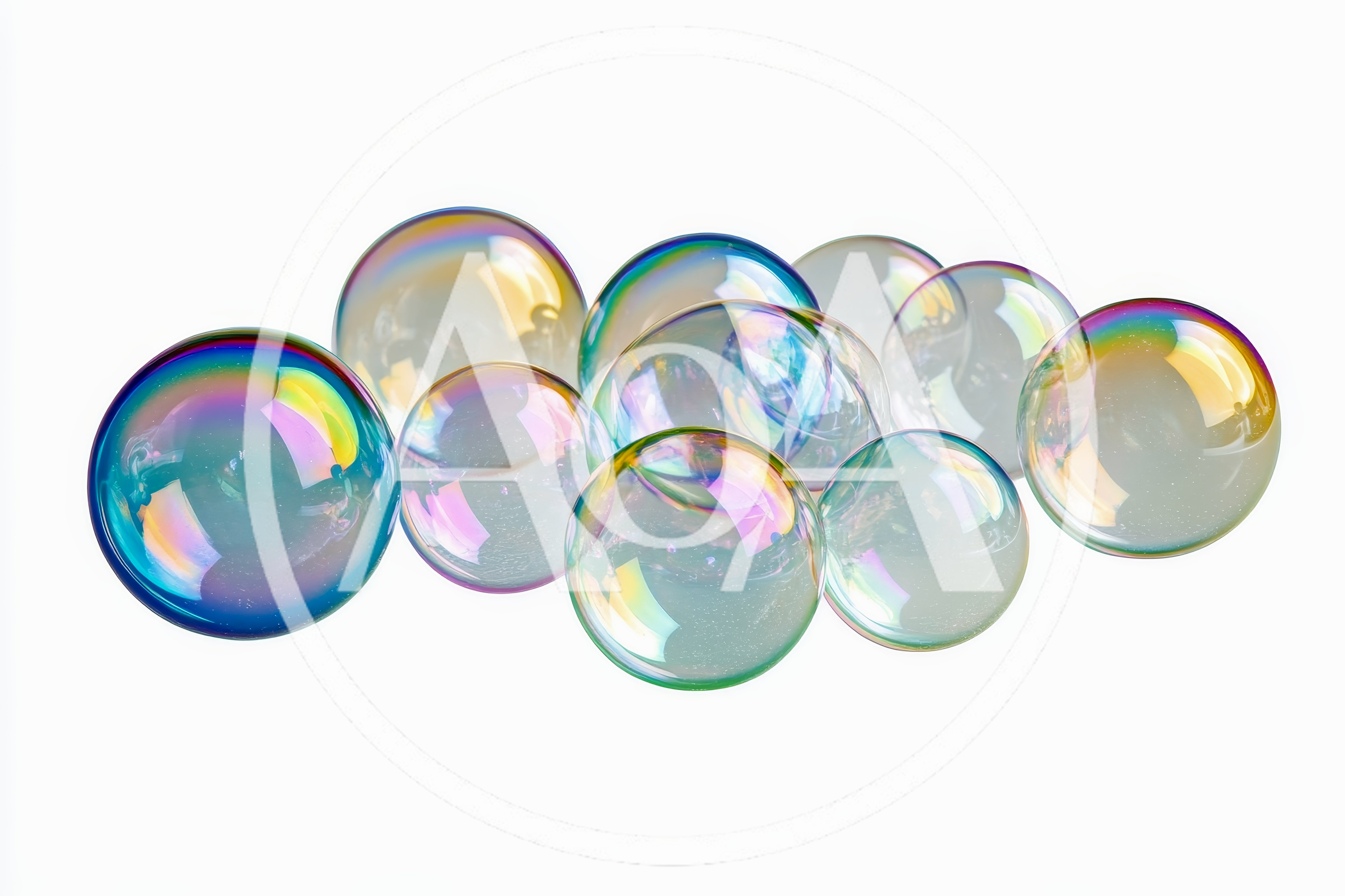 Group Of Iridescent Soap Bubbles Floating On White