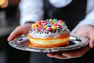 Waiter Serving A Decorated Donut On A Silver Platter