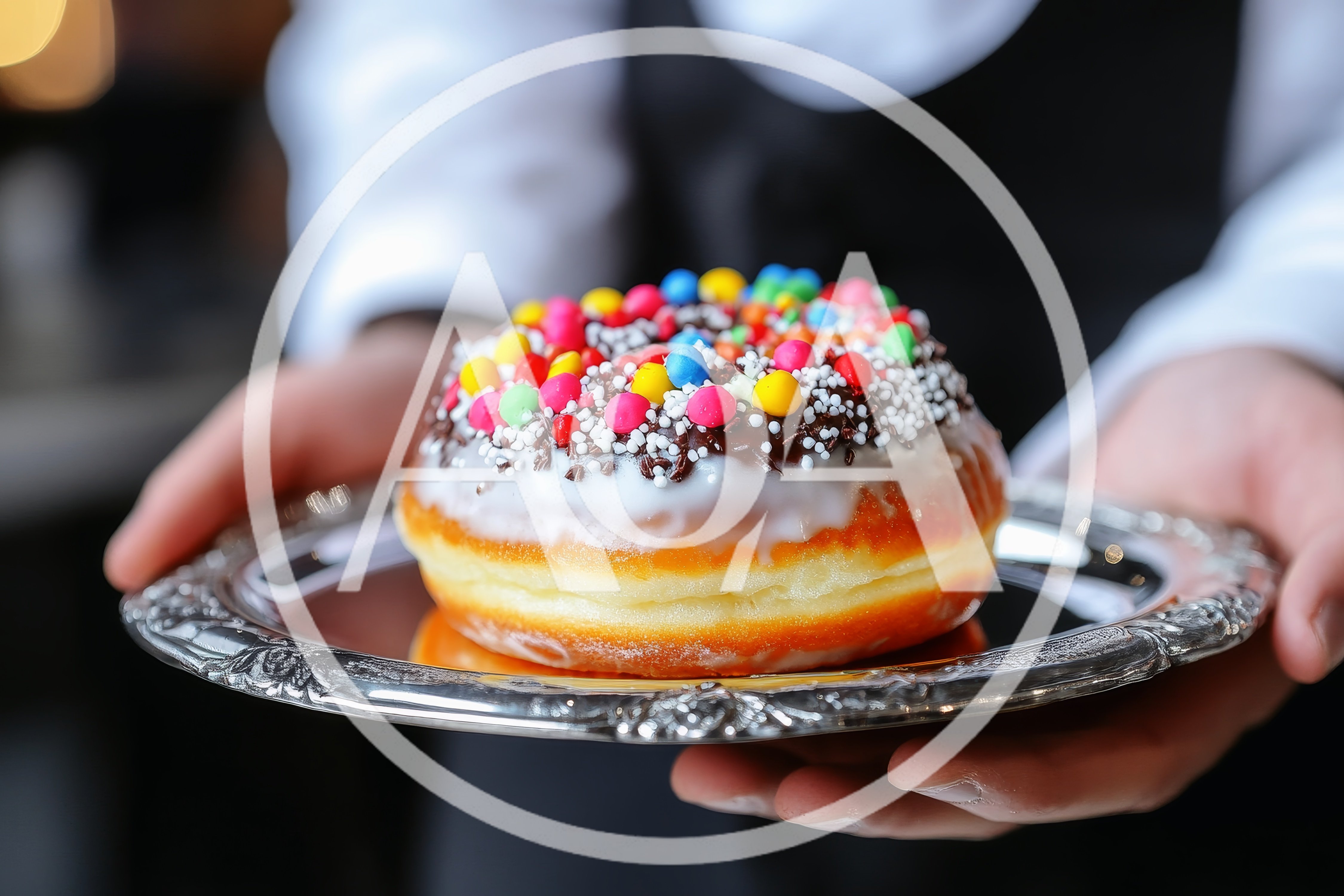 Waiter Serving A Decorated Donut On A Silver Platter