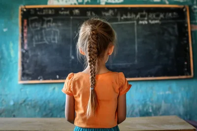 Young Girl Standing Before A Classroom Blackboard