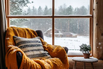 Cozy Armchair With Yellow Blanket By Snowy Window