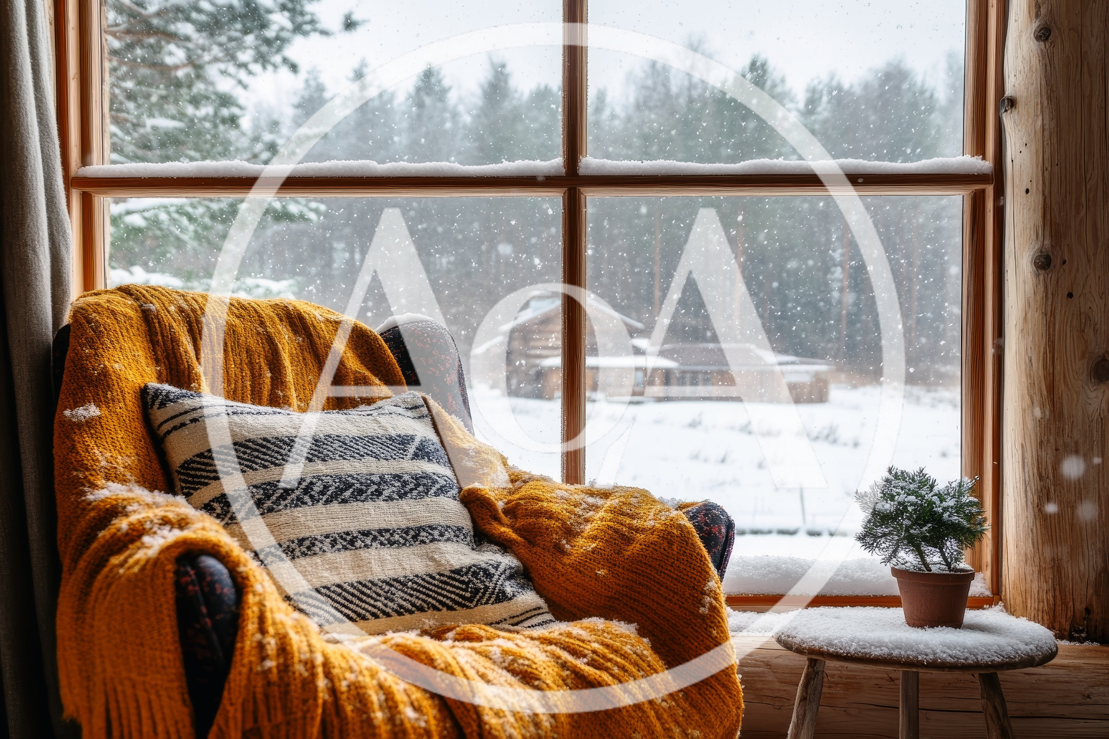Cozy Armchair With Yellow Blanket By Snowy Window