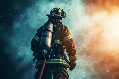 Firefighter Standing In Smoke And Embers