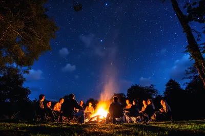Group of Friends Sitting Around a Campfire Under Starry Sky