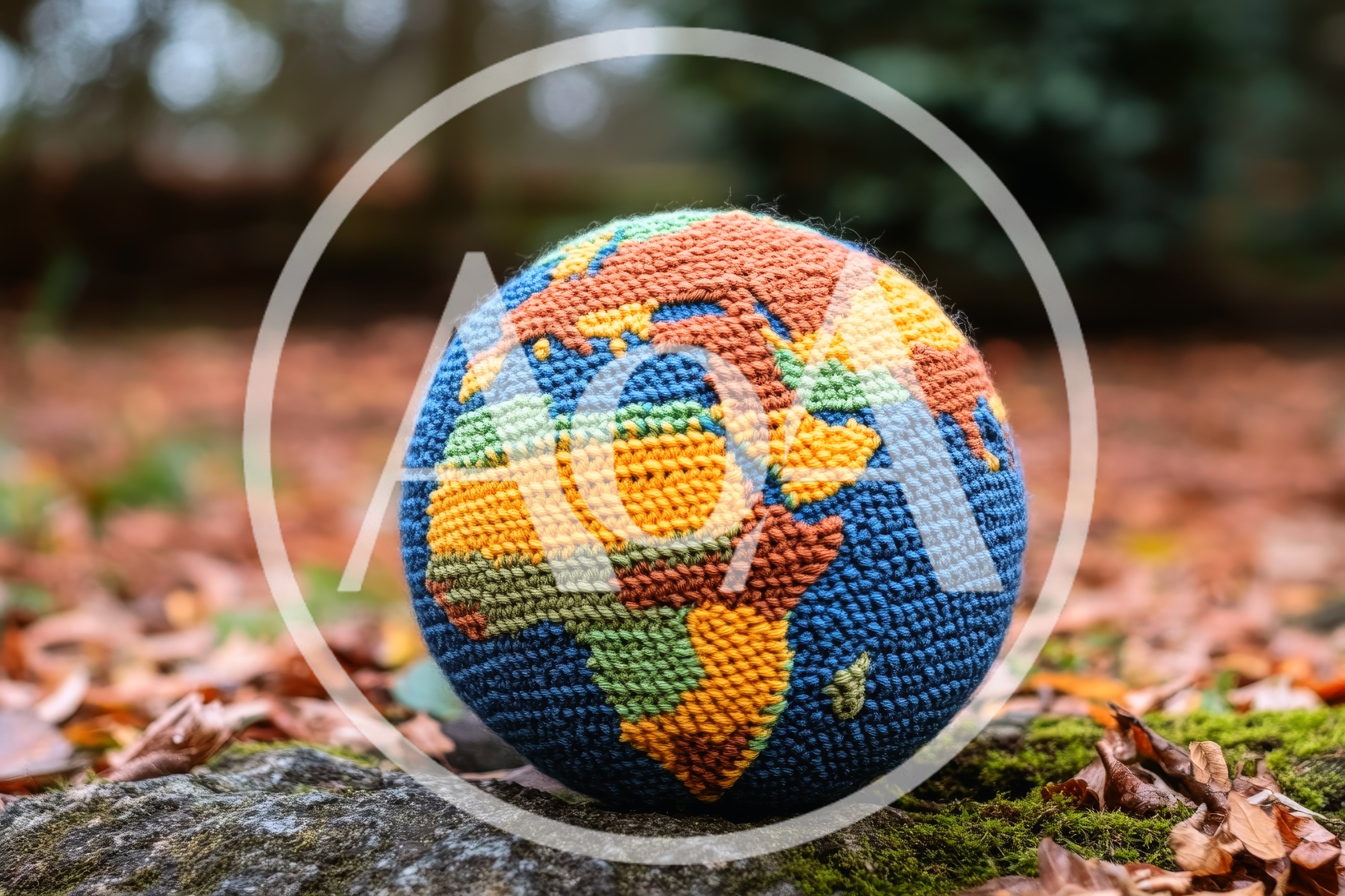 Crocheted Globe Resting On Mossy Forest Ground