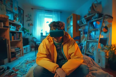 Young Man Wearing Virtual Reality Headset In Bedroom