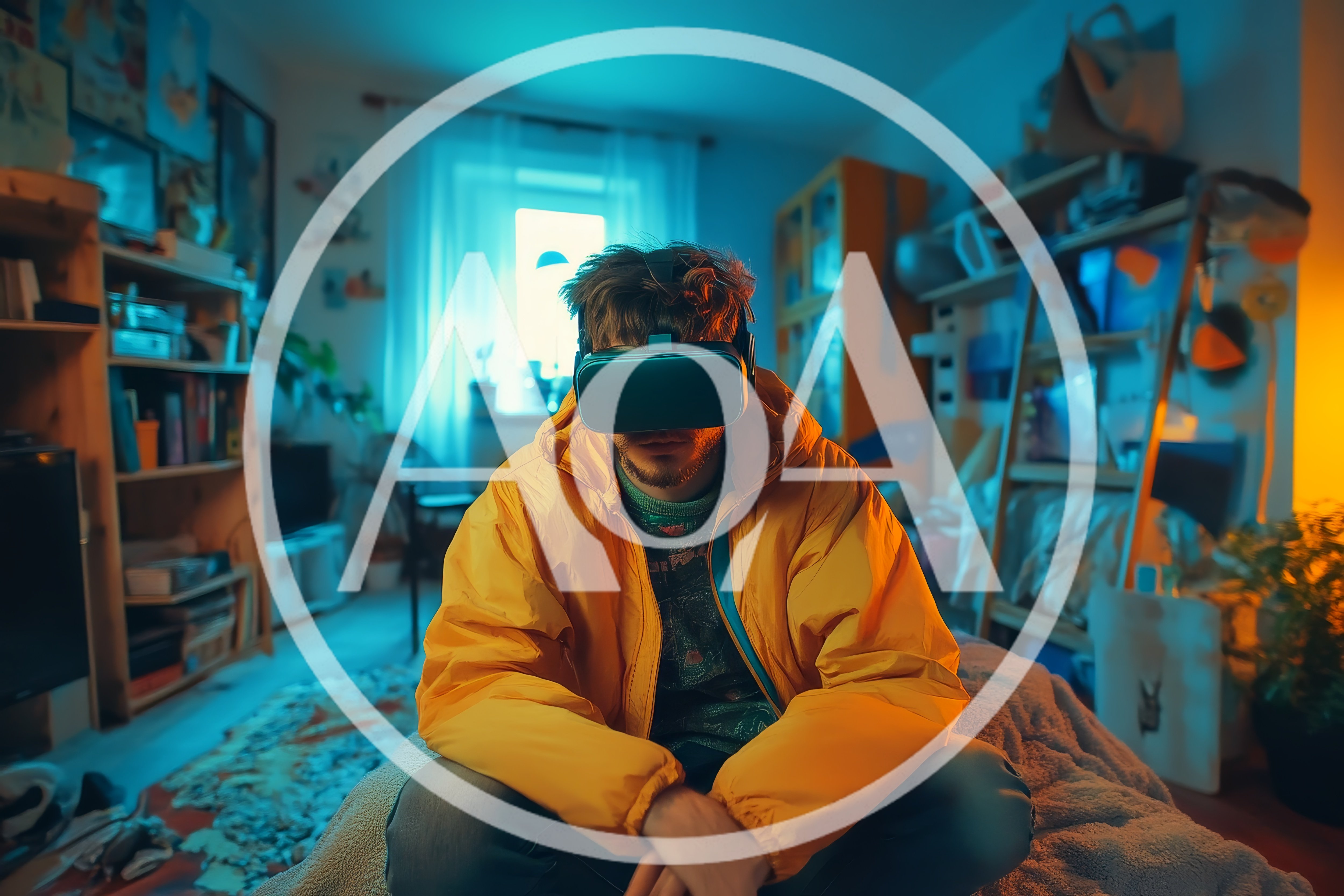 Young Man Wearing Virtual Reality Headset In Bedroom
