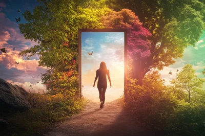 Woman Walking Through A Magical Portal In A Forest