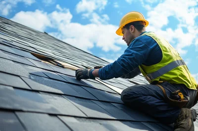 Professional Roofer Installing Asphalt Shingles on Residential Roof