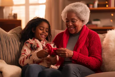 Grandmother Teaching Granddaughter To Knit On Sofa