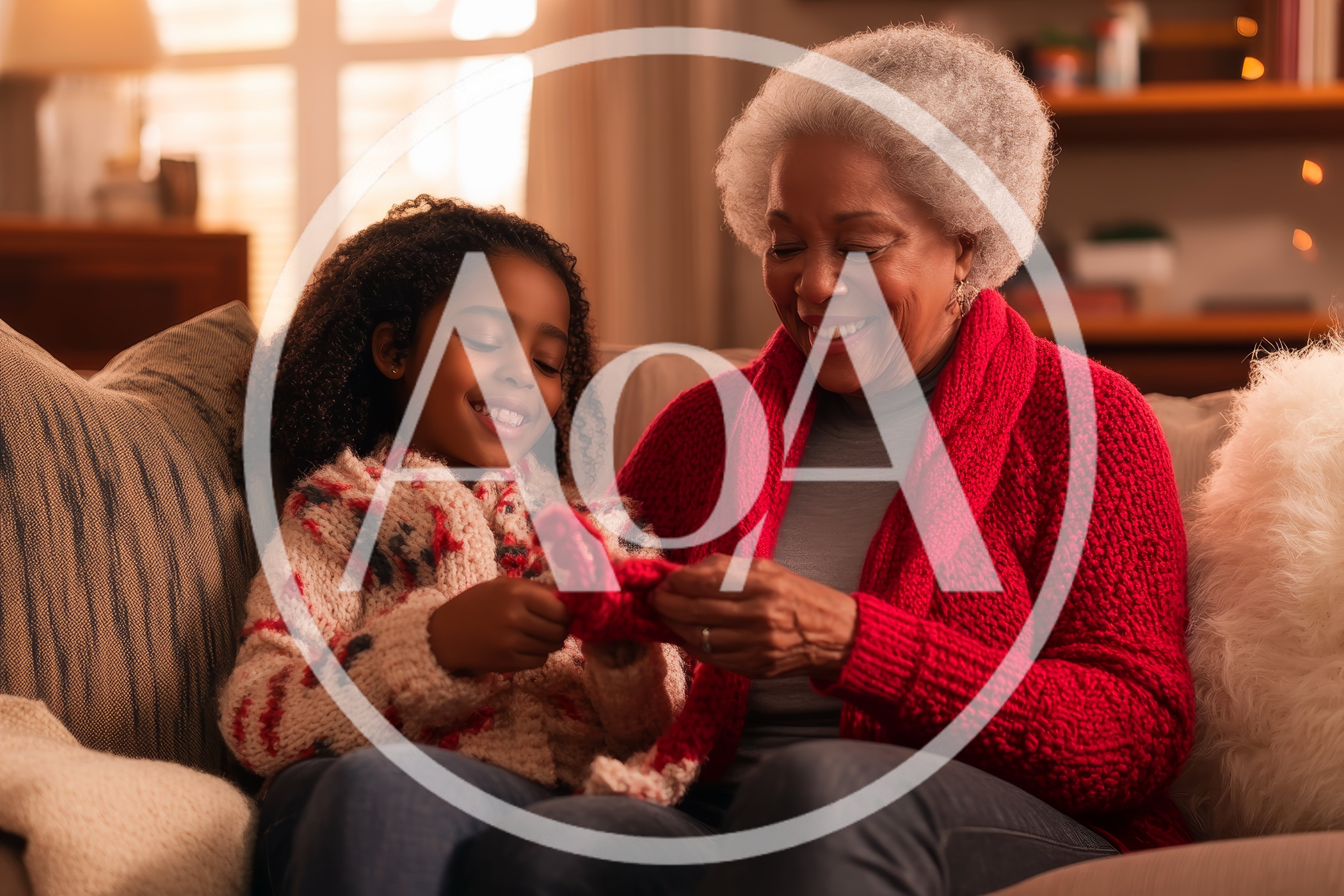 Grandmother Teaching Granddaughter To Knit On Sofa