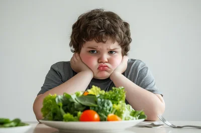 Unhappy Boy Sitting At Table With Salad