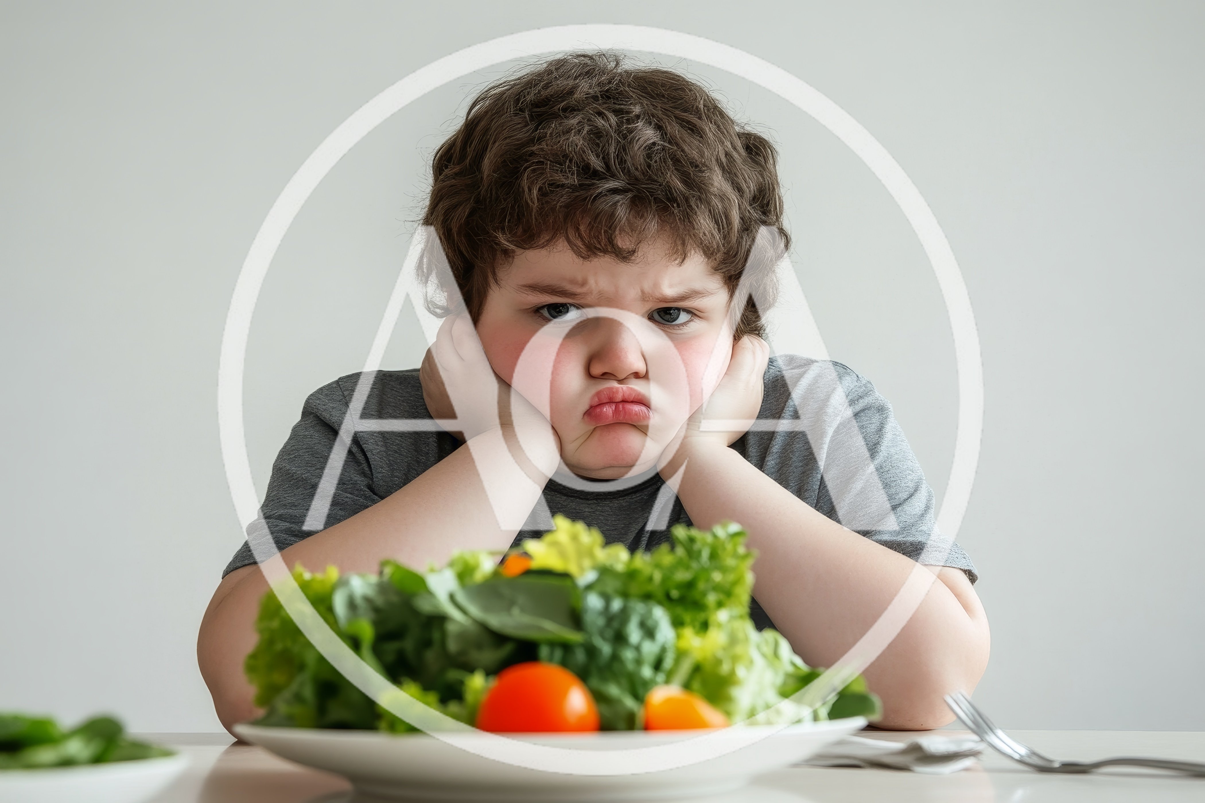 Unhappy Boy Sitting At Table With Salad