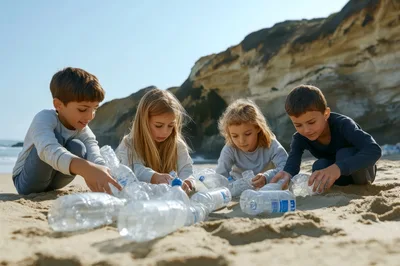 Children Cleaning Plastic Bottles From Sandy Beach