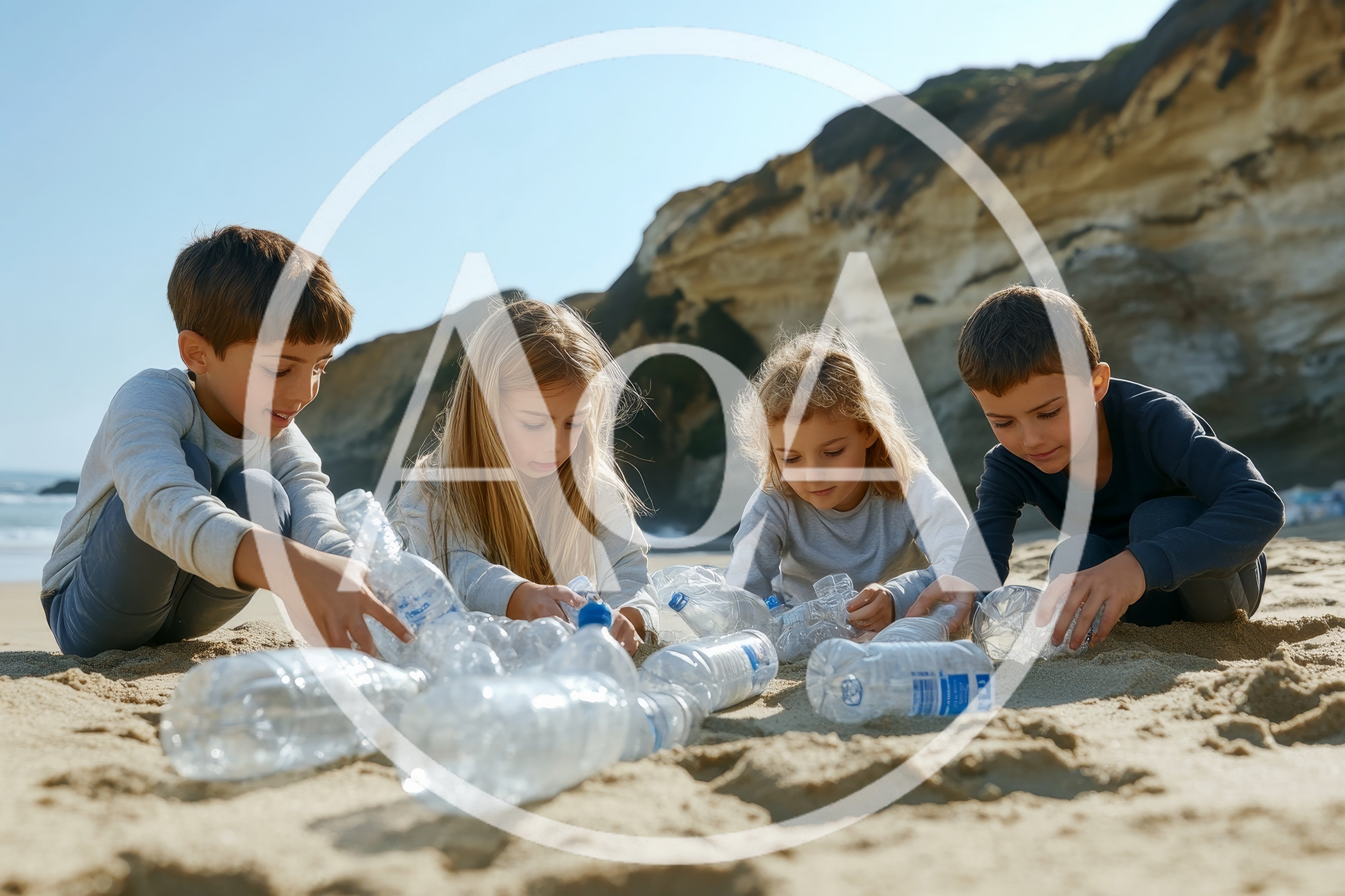 Children Cleaning Plastic Bottles From Sandy Beach
