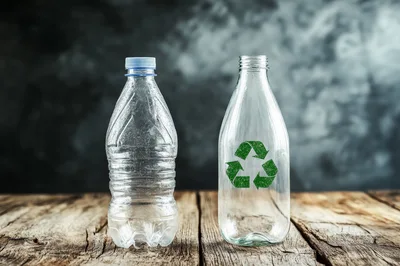 Plastic Bottle Versus Glass Bottle With Recycling Symbol