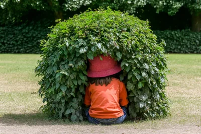 Child Hiding Under A Large Green Bush
