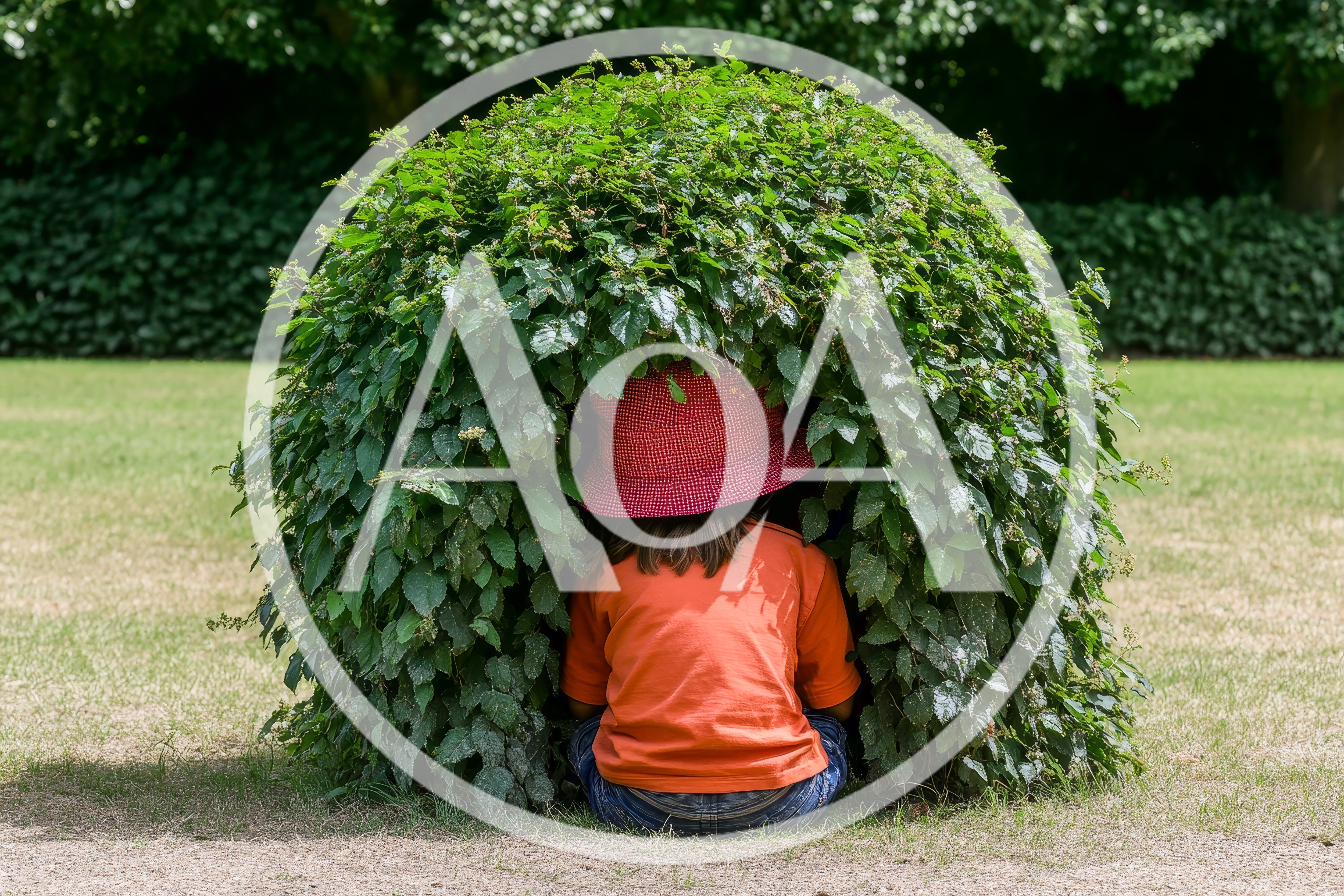 Child Hiding Under A Large Green Bush