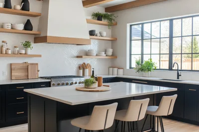 Modern Kitchen Interior With Dark Cabinets And Island