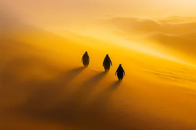 Three Penguins Walking Across A Golden Desert Landscape