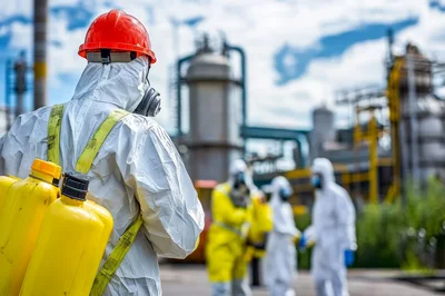 Industrial Workers In Hazmat Suits At Chemical Plant
