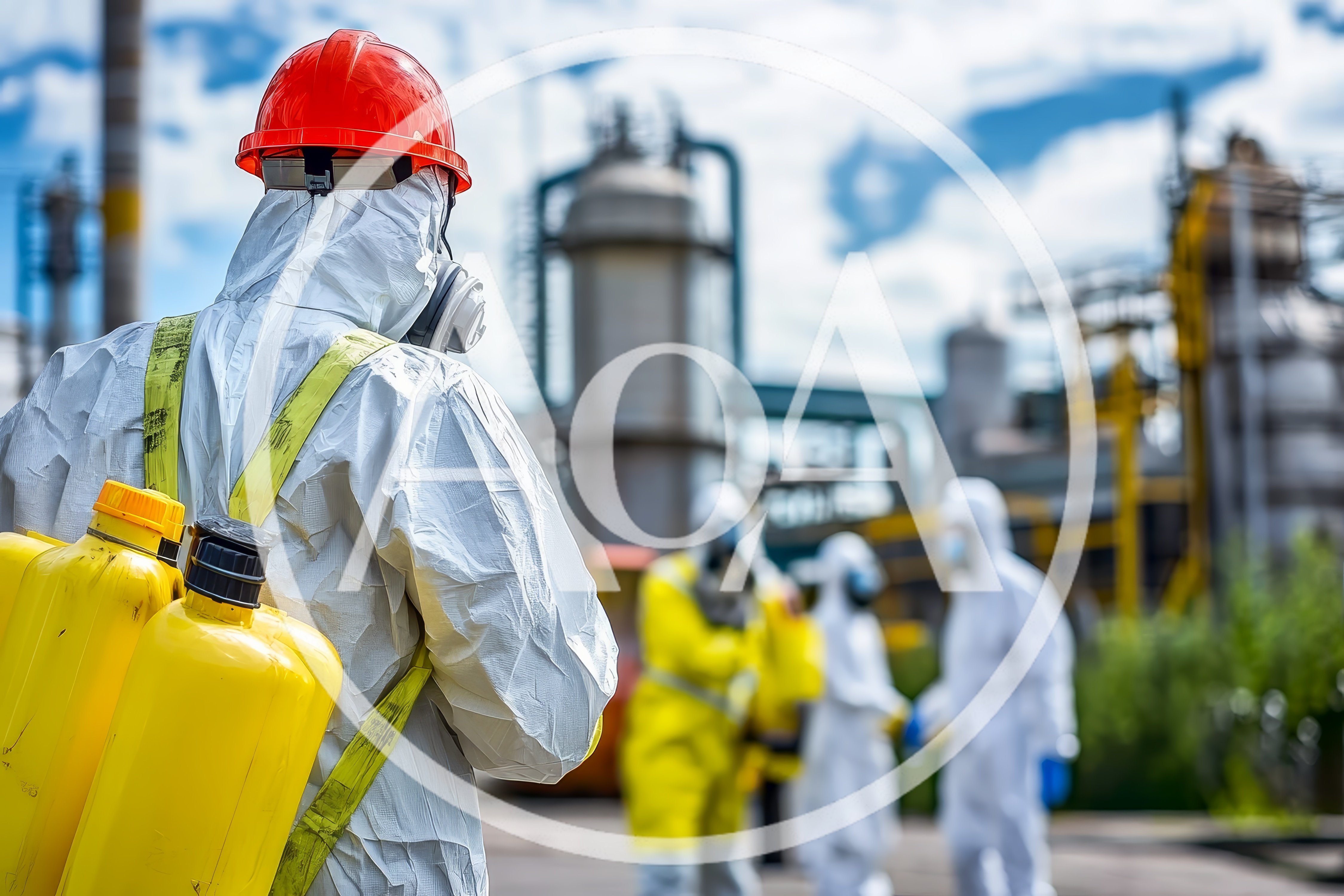 Industrial Workers In Hazmat Suits At Chemical Plant