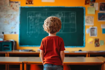 Young Boy Standing Alone Facing A Classroom Chalkboard