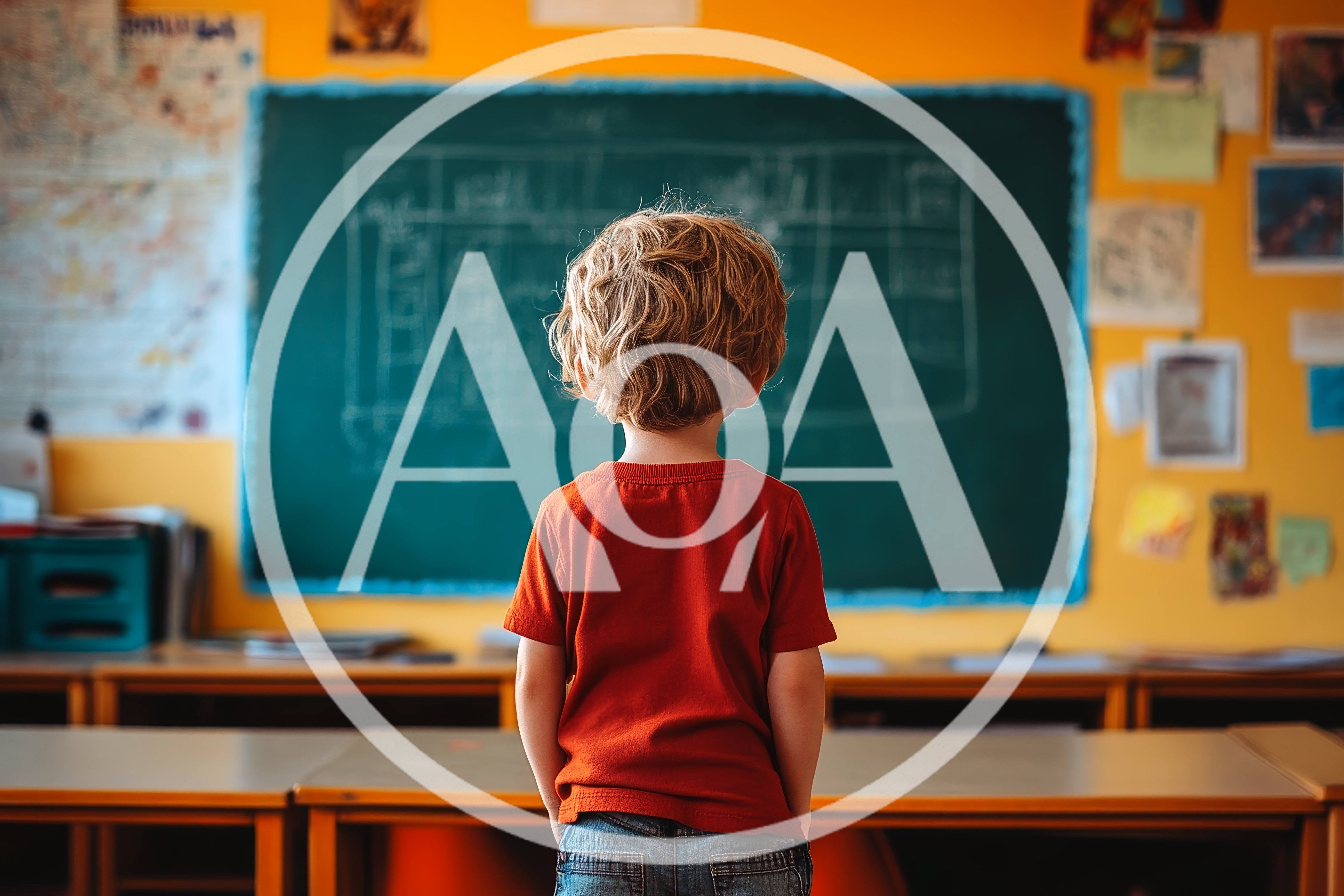 Young Boy Standing Alone Facing A Classroom Chalkboard