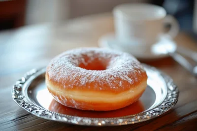 Powdered Sugar Donut on an Ornate Silver Plate