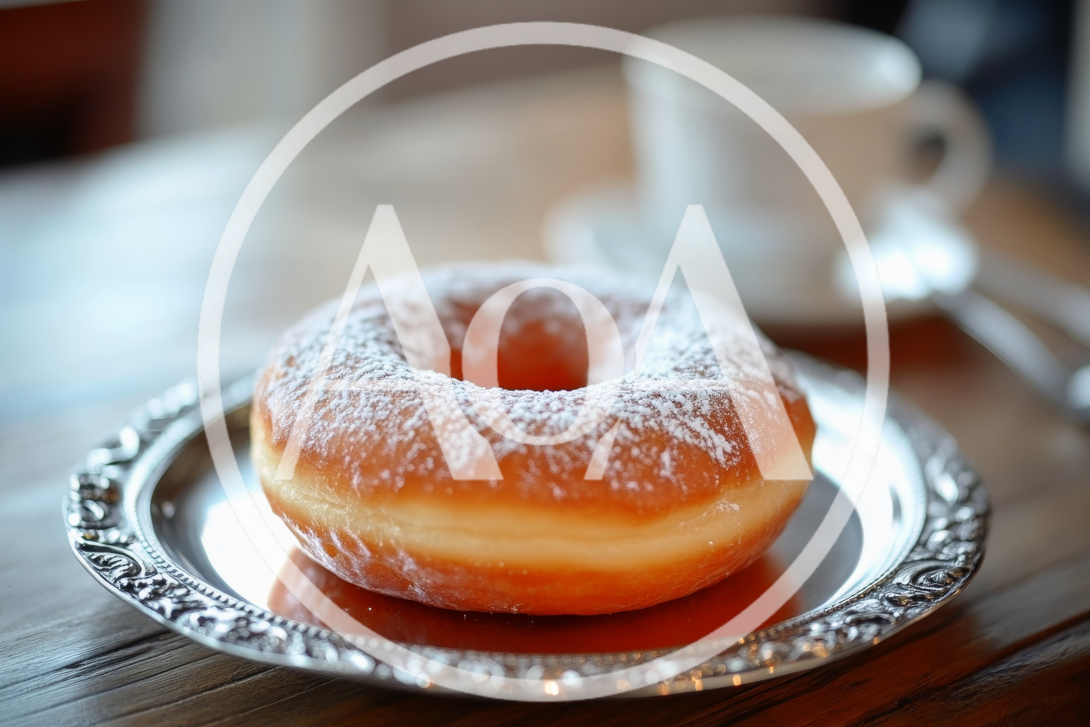 Powdered Sugar Donut on an Ornate Silver Plate